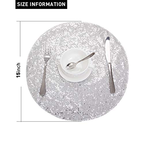 Sequin Placemats Set Of 4, Heat-Resistant Dining Table Mats, Stain-Resistant Kitchen Table Placemats, Elegant Sparkle Placemat For Party Wedding Accent Centerpiece Decoration(Silver, 15" Round) #TOP4