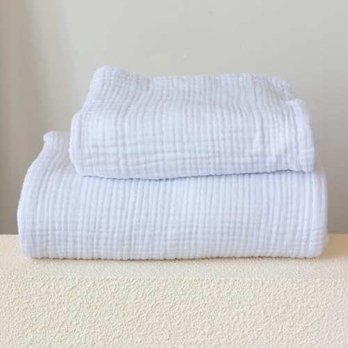 Viva Maison Ultra Soft Muslin Towel Adult Set, 100% Turkish Cotton 4-Layer 2 Pieces Luxury Muslin Hand & Bath Towels Sets for Bathroom (White, 1 Bath & 1 Hand Towel Set)