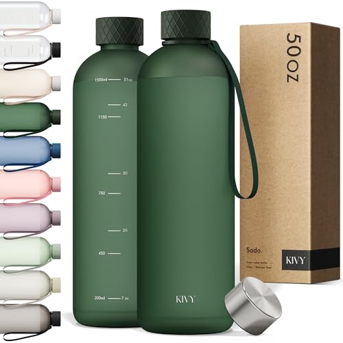 KIVY Large Water Bottle 50oz [Lightweight & Shatterproof] Fits Backpack & Cupholder for Travel Sports School - Extra large water bottle no straw - 1.5 Liter water bottles - 50oz Water bottle Green