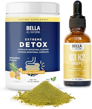 Bella All Natural Extreme Detox Powder Pineapple with Vitamin D3 K2 Liquid Drops 5000 IU Unflavored - Pack of 2