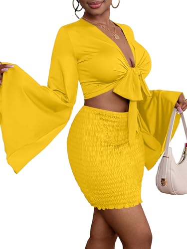 Image of LYANER Women 2 Piece Vacation Outfits Tie Knot Front Bell Long Sleeve Crop Top and Mini Skirt Summer Set