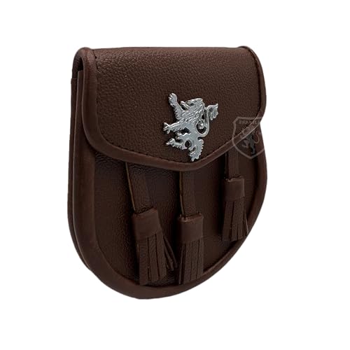Image of Scottish Original Leather Sporran with Leather Belt & Chain (Brown Leather Rampant Lion Sporran)