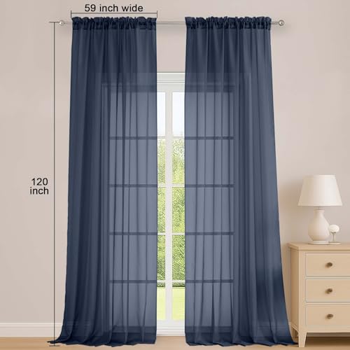 Image of OWENIE Navy Blue Sheer Curtains 120 Inches Long 2 Panels Set, Airy Lightweight Sheer Navy Blue Curtain for Living Room Bedroom, Farmhouse Voile Filmy Rod Pocket Curtains Drapes, 2 Pcs, Each 59 inchWx120 inchL
