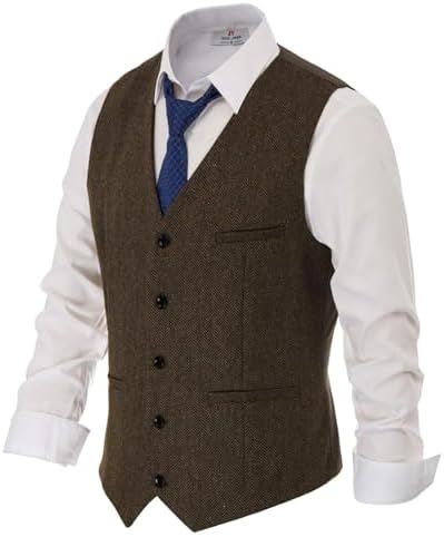 PJ PAUL JONES Mens Tweed Suit Vest Vintage Herringbone Wool Blend Waistcoat