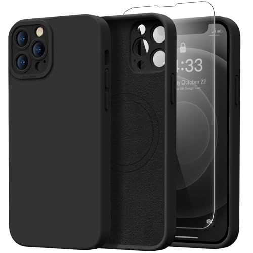 Designed for iPhone 12 Pro Max Case with Screen Protector - Upgraded Camera Protection - Wireless Charging Compatible - Silicone Protective Phone Case 6.7" for Men Women Girls - Black