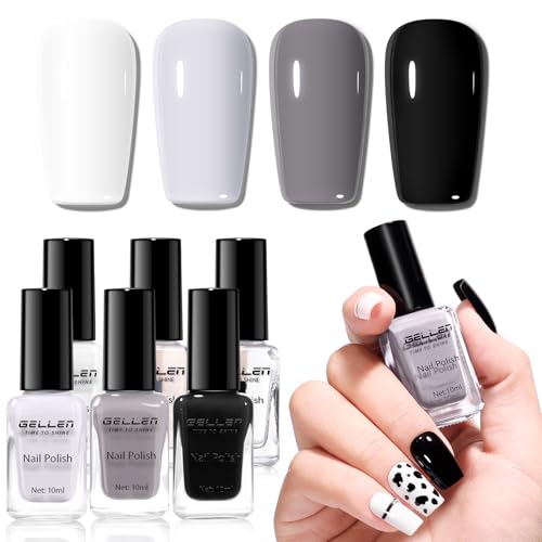 GELLEN Black White Gray Nail Polish 4-Color Set & Base Top Coat, Fall Winter Trendy Winter Black White Grey Regular Nail Polish Quick Air Dry Set for Women Home Salon, Hema Free, Toxin Free, TPO Free