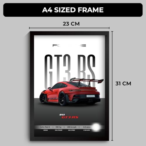 Image of Porche 911 GT3 RS Poster | Framed Porche A4 Sized (31 x 23 cm) | Supercar Posters for Wall, Gift for Boys, 911 Car Frames | Car Poster for Wall, Bedroom, Hostel, Study Room, Desk (F 006)