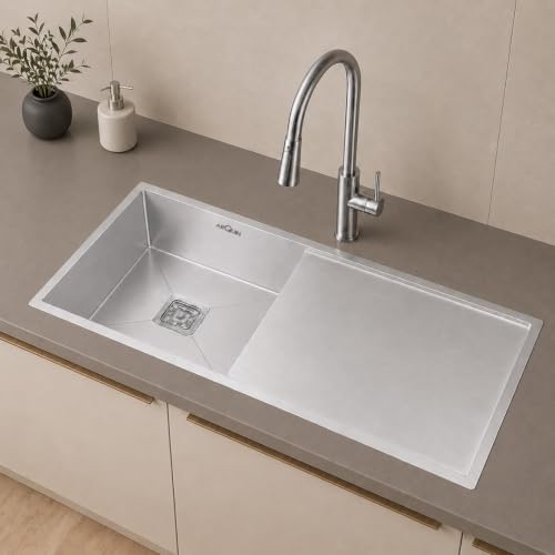 Image of ARQUIN Kitchen Sink 45x20x10 Inch Handmade Single Bowl Drain Board Matt Finish Kitchen Sink 304 Grade Stainless Steel Kitchen Sinks | Sink For Kitchen Basin Square Drainer and Adjustable Fruit Basket