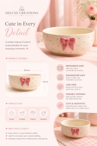 Image of The Deluxe Creations Ceramic Serving Bowl with Pink Bow | Handmade Soup & Dessert Bowl | Aesthetic Gift Bowl for Girls | Breakfast Cereal Bowl | 500 ML