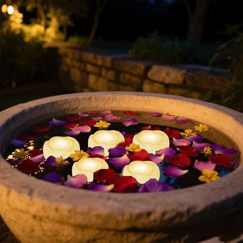 Image of Aignis 12pcs Flameless LED Floating Candles, Ivory Rose Plastic Tealights Battery Operated, 120+ Hours Glow Time, Cozy Light for Romantic Pool /Bathtub /Hot Bath /Wedding Centerpiece Decor(D2.83*H1.42)