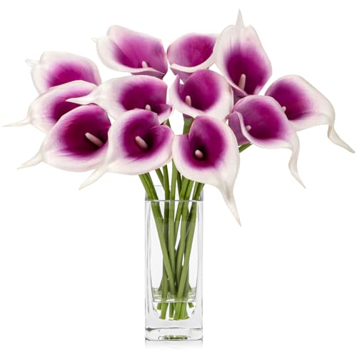 DILATATA Fake Flowers in Vase 12“ Artificial Calla Lily Purple Flowers Arrangement with Vase and Faux Water for Home Decor Dining Table