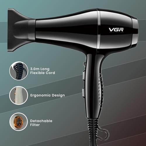 Image of VGR V-414 Professional Hair Dryer for Men & Women, 2200W - 3 Heat & 2 Speed Settings, Cool Shot Button, Ergonomic Design, Double Safety Net, Durable AC Motor, Overheat Protection (Black)