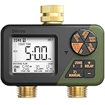 Diivoo 2 Zone Water Timer for Garden Hose, Programmable Sprinkler Hose Timer with Brass Inlet & Outlet, IP67 Waterproof, Rain Delay & Manual Mode for Irrigation, Lawn, Yard