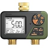 Diivoo Brass Sprinkler Timer 2 Zone, IP66 Waterproof Programmable Water Hose Timer 2 Outlet with Large Display, Rain Delay & Manual Watering for Outdoor Automatic Irrigation of Garden, Lawn, Yard