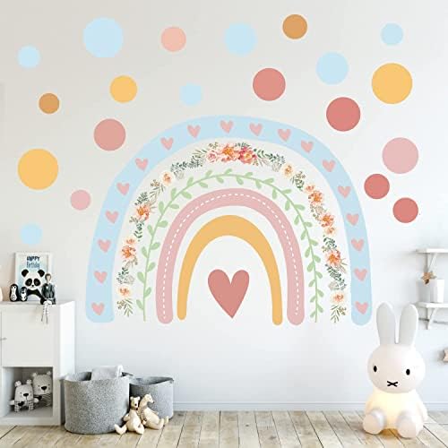 Tanlaby Large Rainbow Wall Stickers Boho Dots Wall Decal Colorful Rainbow Flowers Wall Decor DIY Vinyl Mural Art for Girls Baby Nursery Bedroom Playroom Home Decoration