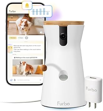 Furbo 360 Dog Camera + Power Adapter [Subscription Required] Unlock w/Paid Plan Dog Safety Alerts, Rotating Pet Treat Toss w/ 2-Way Speaker, Smart Cam w/Phone App Low Risk, 3mo Min. Cancel Anytime