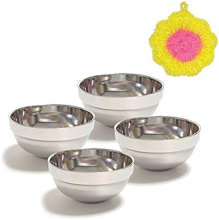 Stainless Steel Bowls 4 Pack & Dish Scrubber Set, Double-walled Insulated Metal Bowls for Cereal, Soup, Ice Cream, Rice, Noodles, Salad, Snacks