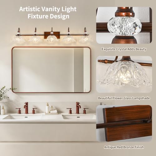 Image of 5-Light Antique Red Bronze Finish Bathroom Vanity Light, Vintage Vanity Light with Floral Clear Glass Shades, Retro Wall Mount Lighting for Bathroom, Dressing Table