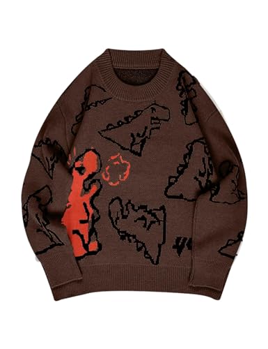 Gihuo Women Dinosaur Oversized Sweater Graphic Crewneck Knitted