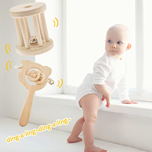 Lanttoe 2Pc Set Wooden Baby Toy Wooden Rattles Teether Toys Wood Ring Montessori Toys #TOP3