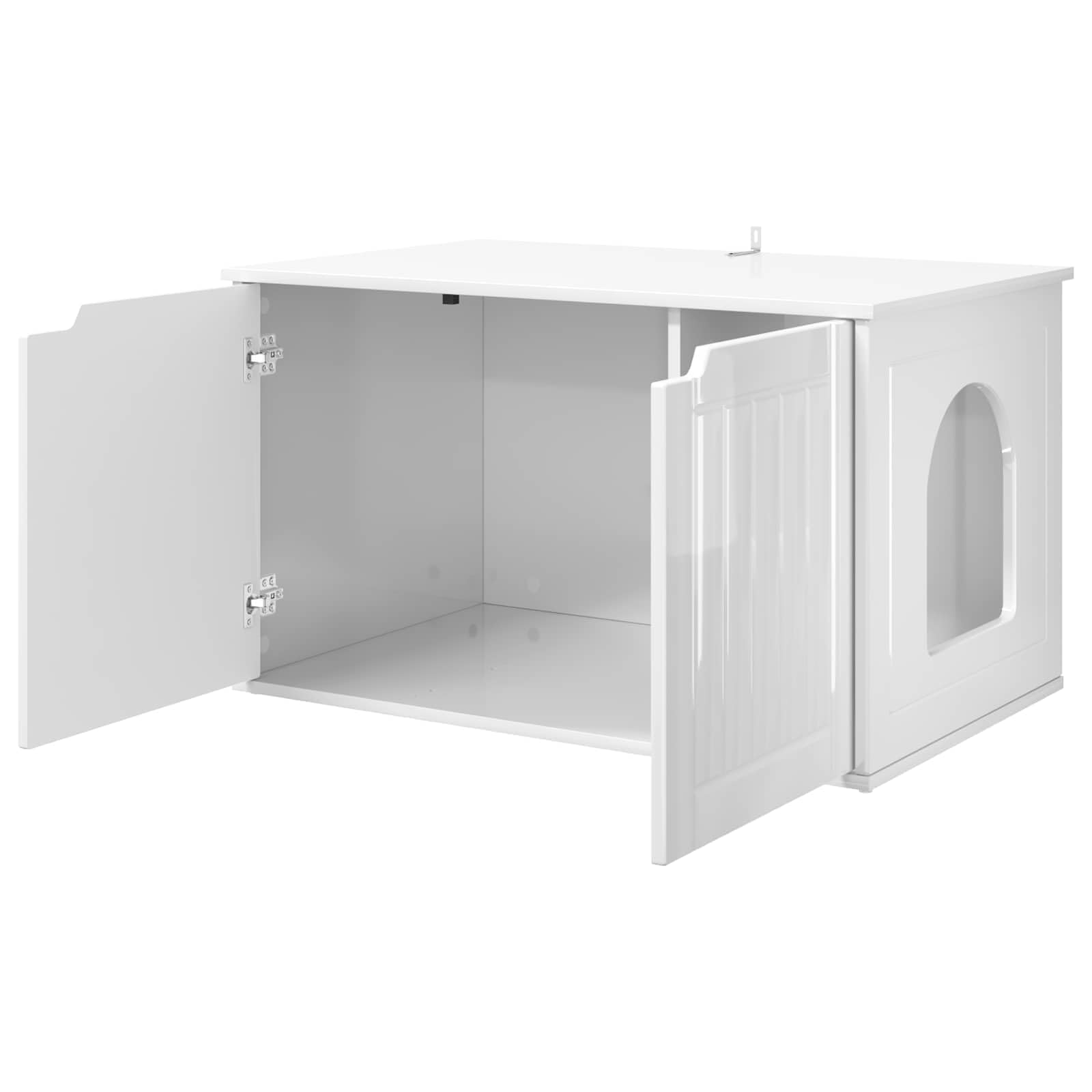 Domek dla kotów, błyszczący, biały, z materiału drewnopochodnego, 85 x 55 x 50,5 cm, z przestronną powierzchnią do leżenia, idealny jako miejsce odpoczynku i plac zabaw dla kotów domowych, w