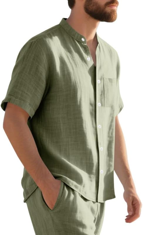 Scapodo Men's Cotton-Linen Shirt - Short Sleeve Button Down Breathable Business Casual Shirt with Pocket for Vacations