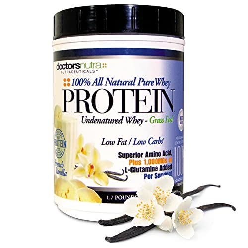 100% Pure Undenatured Grass Fed Whey Protein Low Carb Low Fat - Rich Vanilla Flavor No Artificial Sweeteners or Flavors Ultrafiltered with 1000 mg Added L-Glutamine