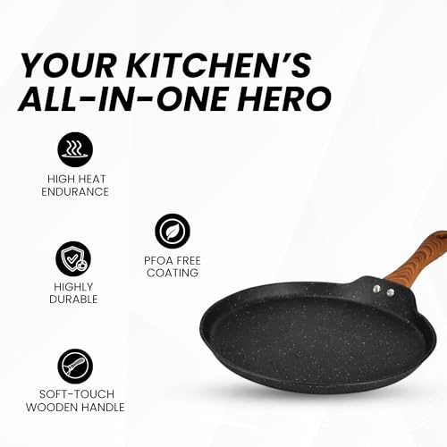 Image of SALFORD Forged Non-Stick Tava | 26 cm | Gas & Induction Base | Non-Toxic PFOA Free Coating | 1Y Warranty | Roti, Dosa, Pancake, Chilla | Wooden Finish Handle | Black Marble