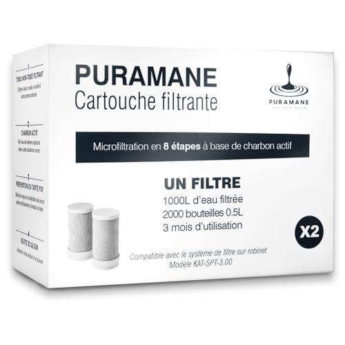Puramane : Cartucce Filtranti per Filtro Acqua Rubinetto, Filtri Carbone Attivo, Purificatore Acqua Multi-stadi, Filtrazione Istantanea Anti Calcare (2 Filtri Inclusi)