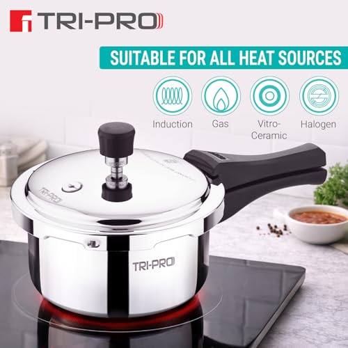 Image of Tripro Triply Stainless Steel Outer Lid Pressure Cooker, 2 Litres Pressure Cooker, Even Heat Distribution, Bakelite Sturdy Handle, Healthy Cooking, Easy to Clean - Induction and Gas Stove Ready