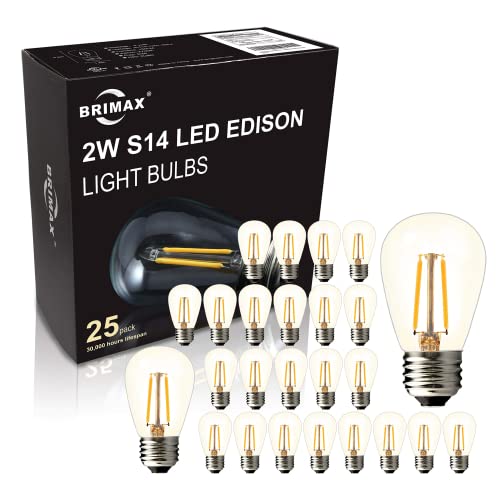 BRIMAX 25PACK 2W S14 LED Outdoor Edison Light Bulbs for String Light Replacement, Shatterproof, E27 Base, Warm White 2700K, Non-Dimmable, 2Watt to Replace 11w/20w/25w Incandescent Bulb