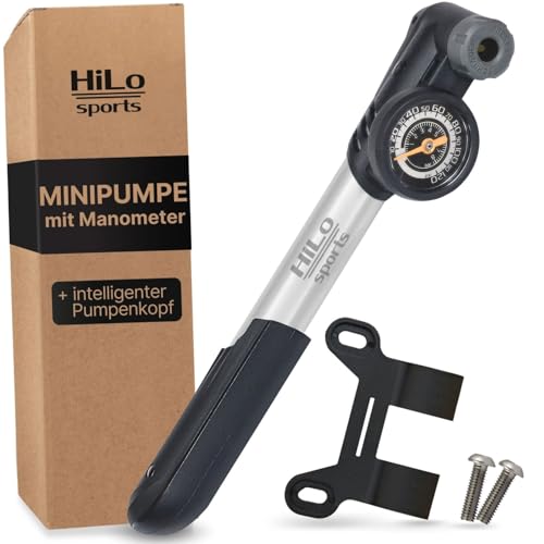 HiLo sports Fahrradpumpe klein für alle Ventile - [Intelligenter Pumpenkopf] - Automatischer Ventil Wechsel - 8 Bar Barometer