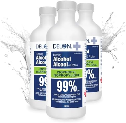 DELON Isopropyl Alcohol 99 percent- 3 Bottles (3 x 225ml) Rubbing alcohol - High Purity IPA sanitizer for Cleaning and medical use.