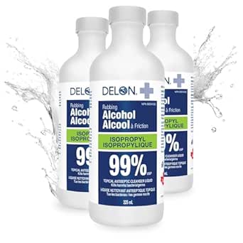 DELON Isopropyl Alcohol 99 percent- 3 Bottles (3 x 225ml) Rubbing alcohol - High Purity IPA sanitizer for Cleaning and medical use.