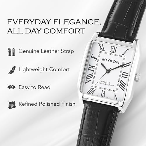 Miykon Vintage Watches for Men | Tank Square Mens Dress Watch with Genuine Leather Strap and Second Hand | Ion Polished, Luminous Hands, Scratch Resistant Glass, Japanese Quartz, 100ft Water Resistant