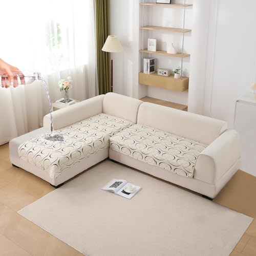 Image of HOKIPO 'Elira Series' Printed Water Repellent + Waterproof Quick Dry L Shape (2+2 Seater) Sofa Seat Cover Mat, Natural Beige Abstract Art (NEW-AR-5245-C4 + NEW-AR-5246-C4)