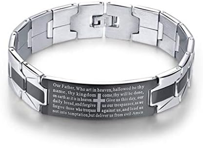 LAFATINA Men's Stainless Steel Cross Bracelet Engraved Bible Prayer and Serenity Prayer ID Link Wristband Religious Black Cross Bangle for Men Women