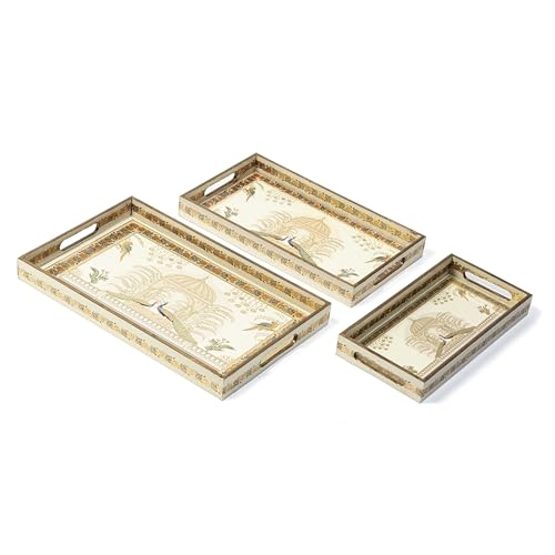 Image of DULI Set of 3 MDF Wood Enamel Coated Multipurpose Trays| Serving Tray for Home & Dining Table (16x10x2, 14x8x2 & 12x6x2 Inches) (Setof3WP-IvoryPeacock)
