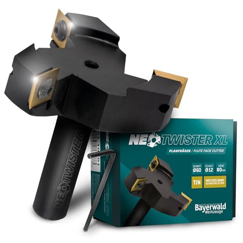 Bayerwald NeoTwister Planfräser für Oberfräse f. Holz - SchnittØ 60 mm/SchaftØ 12 mm - Planfräsen/Nutfräsen/Kantenfräsen - tauschbare TiN-besch. Messer - Profiwerkzeug, präzise&langlebig