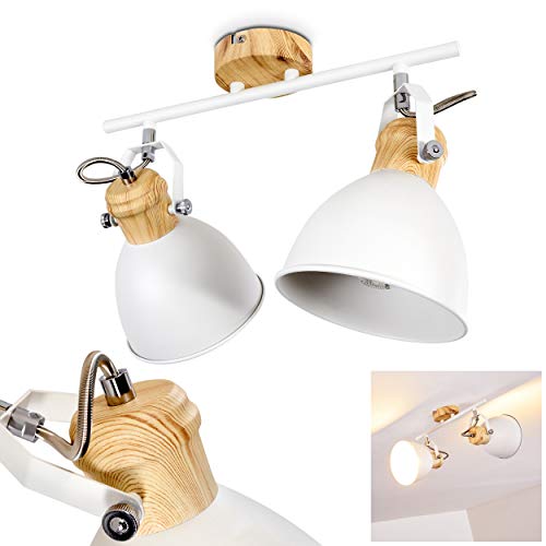 Deckenleuchte Banjul, Deckenlampe aus Metall in Weiß/Holzoptik, 2-flammig, mit verstellbaren Strahlern, 2 x E27-Fassung, Spot im Retro/Vintage Design, ohne Leuchtmittel