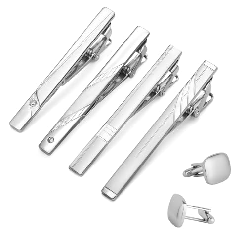 KUUGUDE 4 Stück Krawattenklammer Set für Herren, Krawattennadel silber, Manschettenknöpfe Set...