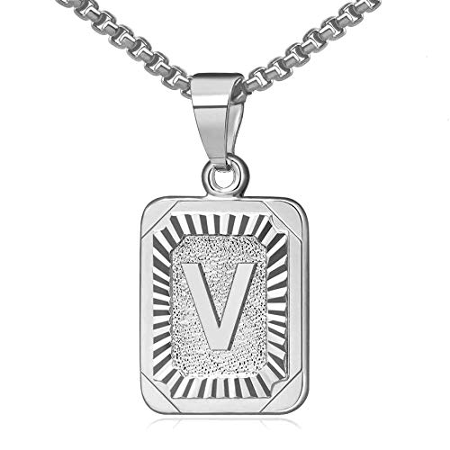 OIDEA Halskette mit Buchstabe V Silber: Unisex Charme Kette für Herren/Damen A-Z Buchstabe Anhänger Rechteck Dog Tag Kette aus Edelstahl Weizenkette Schmuck Geschenk für Männer Frauen OIDEA Halskette mit Buchstabe V Silber: Unisex Charme Kette für Herren/Damen A-Z Buchstabe Anhänger Rechteck Dog Tag Kette aus Edelstahl Weizenkette Schmuck Geschenk für Männer Frauen