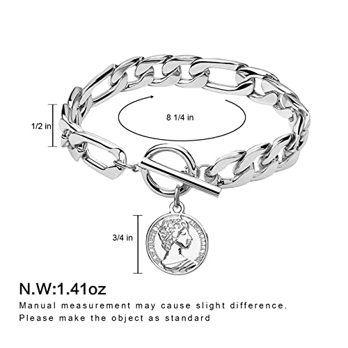 Classyzint Cuban Link Chain Bracelet For Women Men Silver Coin Pendant Charm Bracelet White Gold Thick Chunky Chain Bracelets Ot Toggle Clasp 8 Inches #TOP5