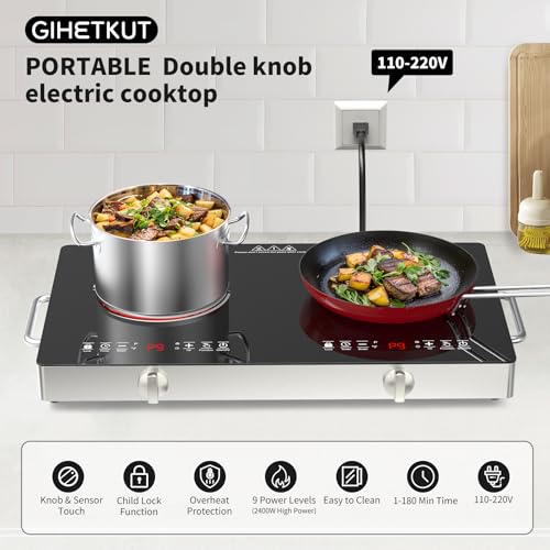 Image of GIHETKUT Electric Cooktop,110V 2400W Stove top, Countertop Cooktop with 9 Power Levels, LED Display,Child Safety Lock, Timer,Knob and Touch Control 2 burner Electric cooktop