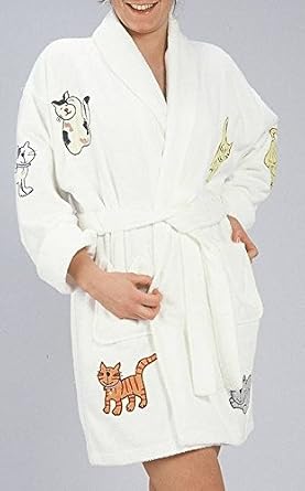 Cat Appliqued Women's Short Bathrobe in White, One Size