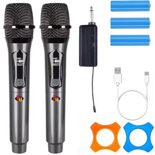 kh UHF Wireless Microphone System – Dual Handheld Cordless Dynamic Mics with Rechargeable Receiver, Long Range, Clear Sound for Karaoke, DJ, Singing, Wedding, Party, Stage & Public Speaking