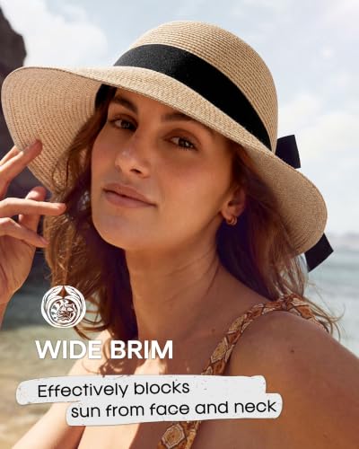 Image of FURTALK Womens Beach Sun Straw Hat Wide Brim UV Protection Travel Hat