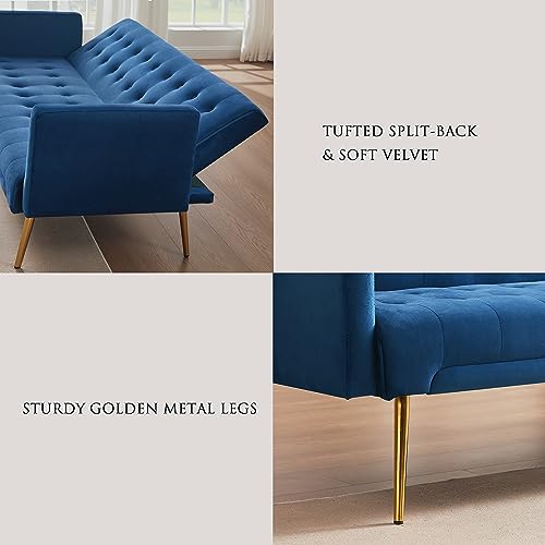 72"Modern Velvet Sofa Bed Futon,Convertible Folding Sleeper Bed Couches With 3 Adjustable Backrests,Tufted Recliner Love Seat With Golden Chrome Legs For Living Room Apartment Home Office (Navy) #TOP5