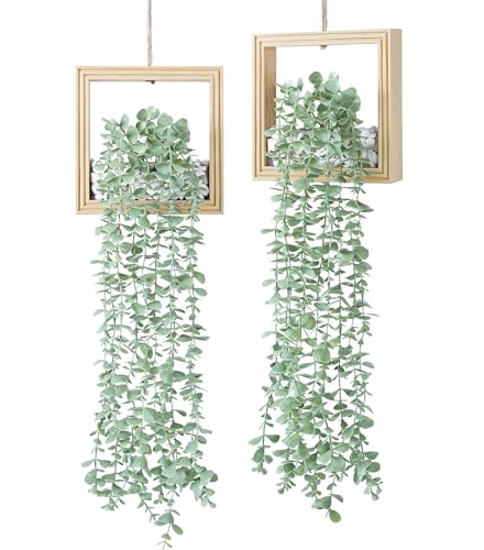 FancyPlus 2 Pack Fake Plants Hanging, Artificial Eucalyptus Vines in Square Wooden Frame with Glow Accents, Boho Wall Decor for Office Living Room Bathroom Bedroom Kitchen, 7.8 inch, Natural Wood