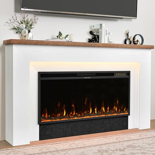Weyderk 62" Electric Fireplace with Mantel, TV Stand with 42" Insert, 15 LED Colors & 12 Realistic 3D Flame Effects, Remote Control, 1-8h Timer, 62–82℉ Adjustable Thermostat, 5100 BTU Heater, White